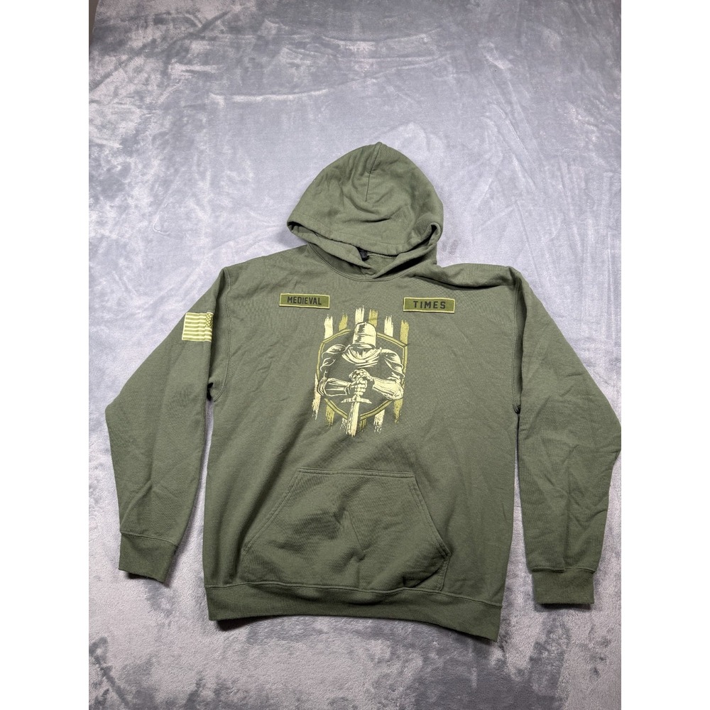 Gildan Heavy Blend Hoodie Men Large Green Medieval Knight Holding USA Flag Patch